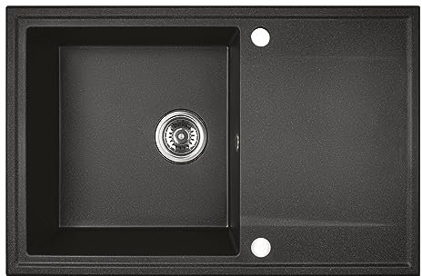 KOLMAN Granitspüle 44x67 cm HUNTER Spülbecken Einzelbecken Schwarz mit Space Saving Siphon