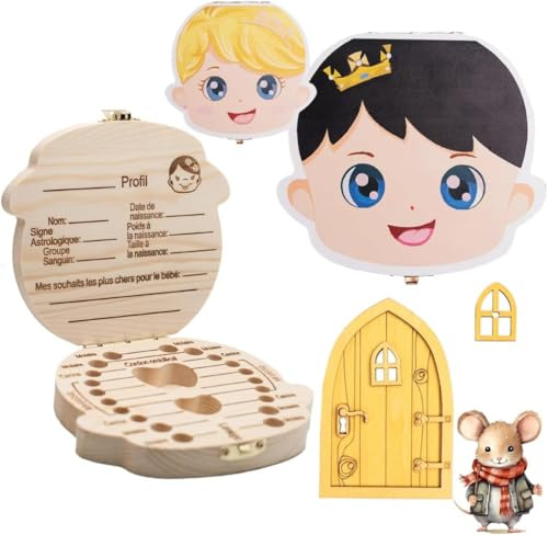 SUAPOZ Pack Puerta Ratoncito Perez + Caja Dientes de leche Niño Niña. Caja Recuerdos Bebe. Madera de Calidad (Niña)