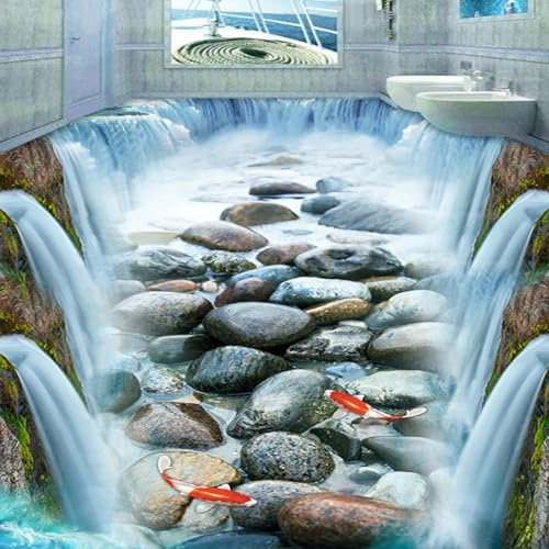 Bodenaufkleber 3D Wasserfall Steine Fisch 3D Boden Tapete Pvc Selbstklebende Wasserdichte 3D Bodenbelag Fliesen Aufkleber Wohnzimmer Badezimmer Dekor Wandbild, 430 * 300 Cm