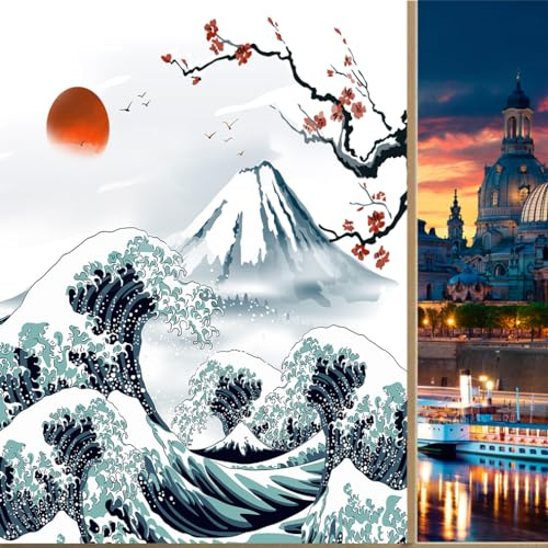COALHO Japanische asiatische Kunst Home Fensterfolie Vintage Aquarell Japan Fuji Berg Große Welle Kirschblüte Geeignet für Wohnzimmer, Küche, Bad - 45 B x 60 L cm, 1 Stück