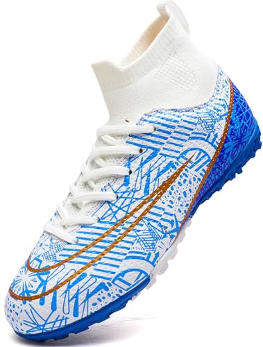 Donbest Boys Football Boots Cleats Kids Football Shoes Astro Turf Soccer Shoes Professional Spikes Football Competition Shoes,Whiteblue,EU40