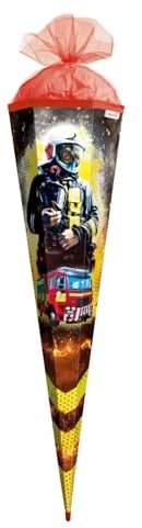ROTH Schultüte groß Feuerwehrmann 85 cm - eckig Rot(h)-Spitze Tüllverschluss - Zuckertüte Feuerwehrmann Schulanfang