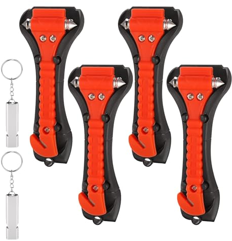 DuDuZui 4 Martillo Rompecristales de Emergencia y Cortador de Cinturón de Seguridad, Martillo de Emergencia y Cortadora de Cinturón de Seguridad para automóviles en Dos, con 2 Silbato de Supervivencia