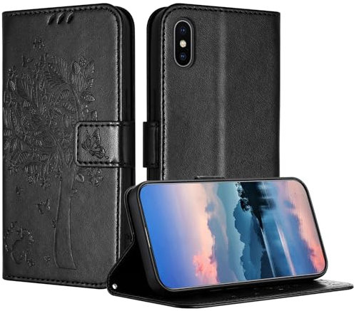RADOO Handyhülle für iPhone XS Max[6.5-Inch] Hülle Leder für Klappbar PU Leder Tasche Flip Wallet Stoßfeste Case Schutzhülle Klapphülle für iPhone XS Max Hülle Lederhülle(Schwarz)