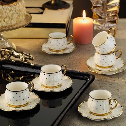 derya home Lot de 6 tasses à expresso en porcelaine, tasses à café arabe, turc, tasses et soucoupes (85 ml) à motifs dorés – Couleurs mélangées