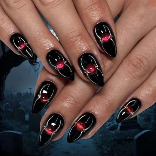 24pcs Halloween False Nails Black Red Spider Press on Nails Medium Almond Stick on Nail Removable Glue on Fake Nail Art Accessories for Women Girls