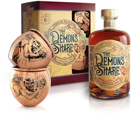 The Demon's Share Rum, 700ml, Gin Confezione Regalo, Pack con Calderoni, Note Vanigliate e Speziate, Rum Scuro Artigianale di Panama, Invecchiato 6 Anni in Botti di ex Bourbon Americano, 40% Vol.