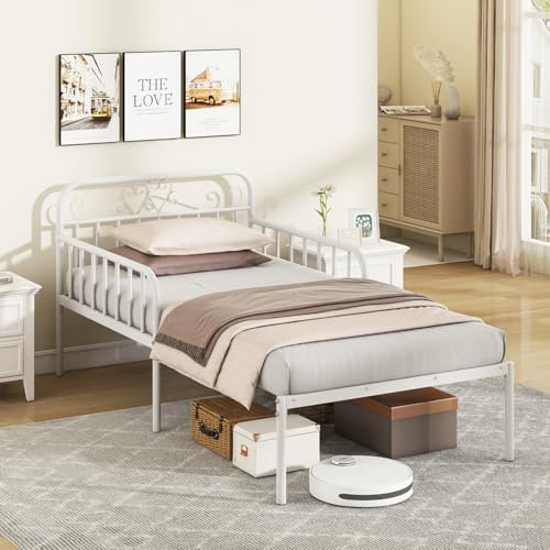 COSTWAY Metal Bed Frame, 3FT Extendable Daybed to Single Bed with Trundle and 31cm Underbed Storage Space, Bedroom Metal Slat Support Platform Day Bed Base Guest Sofa Bed, No Box Spring Needed (White)