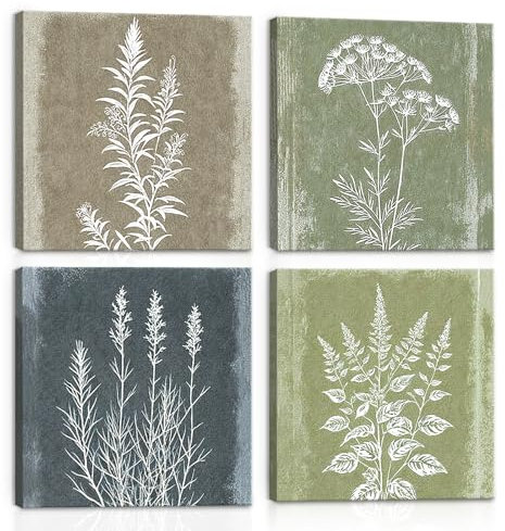 CHDITB 4 Stück Botanische Vintage Wandkunst,Boho Pflanze Leinwand Wandbilder,Blau Grau&Grün Pflanze Blätter Wanddeko,Neutral Blüten Pflanzen Modern Bilder für Wohnzimmer Badezimmer Büro,40 * 40cm