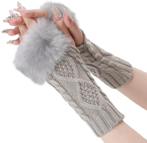 CABODYALS 2 Paar Pelzige Fingerlose Fäustlinge Hellgrau Weiche Flauschige Strickhandschuhe Mit Daumenloch Strick Armstulpen Winter Häkelarbeit Kunstpelz Handgelenkärmel Für Frauen Schreiben Malen Ausf