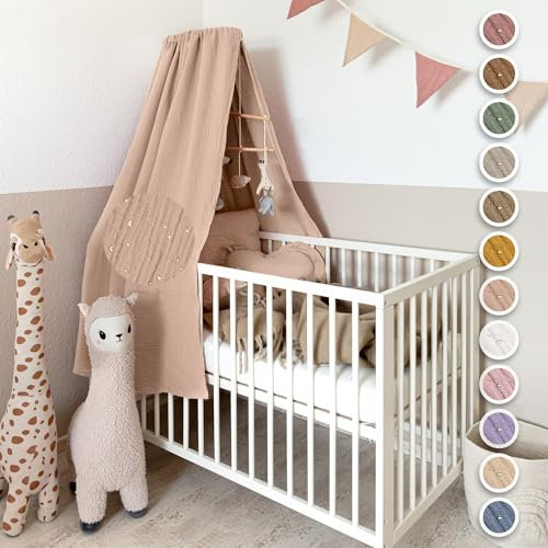 lilimaus Betthimmel Babybett mit Goldapplikationen [in 12 Farben] Himmel Babybett aus 100% Baumwolle Musselin - Betthimmel Mädchen & Jungen - Himmelbett Kinderzimmer & Babyzimmer Deko - Baby Bett