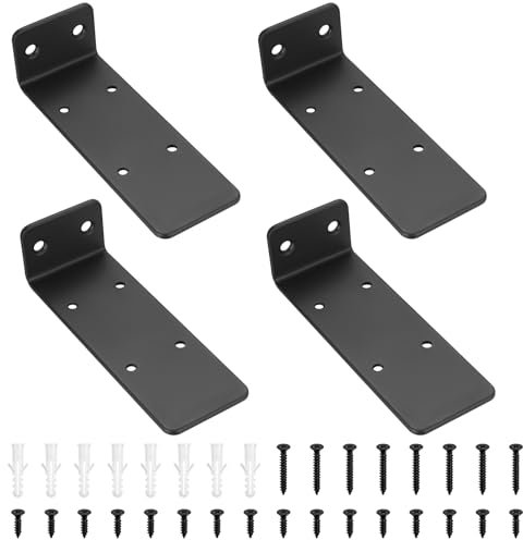 4 Pièces Equerre Etagere Murale, 140mm Support Etagere Murale , Supports d'étagères Flottants a L, Equerre Metal Noir, Support étagère Murale Fixation Etagere Invisible pour Étagères