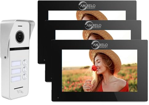 Verdrahtete WIFI Video Türklingel System 3 Einheit und Monitor Türsprechanlage IP 4 Draht 7 Zoll Eintrag 1080P Kamera Nachtsicht, Unterstützung Remote Unlock Tür Release (Schwarz)