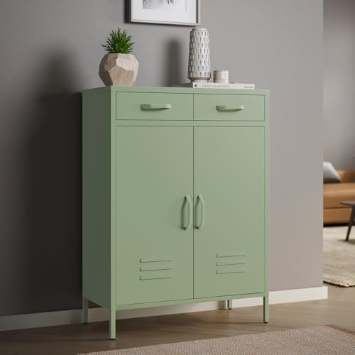 skølm Kommode Atria, Sideboard für Wohnzimmer, Metall Kommode mit Doppeltür und Schubladen, Metallschrank, Mehrzweckschrank grün Maße 110x80x38 cm