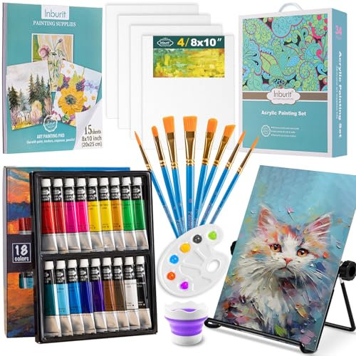 Painting Set, Paint Kit with 18 Colors Acrylic Paints, 4 Blank Canvas Panels, 8 Brushes, 1 Drawing Pad, 1 Cleaning Cup,Painting Supplies for Adults Kids