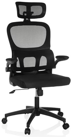 MyBuero Drehstuhl ergonomisch, Armlehnen klappbar ERGOMY Flex Bürostuhl mit Flexibler Lordosenstütze, Netz Rückenlehne, Stoff Schwarz