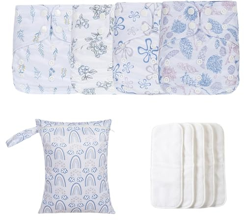 Cloth Diapers - Adjustable Washable Diaper Set, Reusable Diapers with 4 Absorbent Inserts and Wet Bag | Waterproof Proof, Eco Options Diapers for