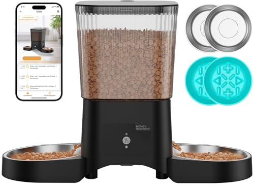 Futterautomat Katze 2 Näpfe mit APP, HONEYGUARDIAN 5G WiFi Intelligenter Katzenfutter Automat, Automatischer Futterspender Katze Hund mit 4 Schüsseln (Edelstahl+Langsame Schüssel), Einfache Bedienung
