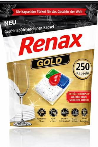 Renax All-in-One Geschirrspül Kapseln | Spülmaschinentabs mit Salz, Klarspüler, Kalkschutz & Fettlösekraft Geschirrspülmaschinen Kapseln - Fettlösekraft, Glas- & Kalkschutz (250, Gold)