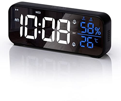 VIVILINEN Wecker Digital mit Großer LED Temperatur- & Feuchtigkeitsanzeige | Tischuhr mit 18 Wecktönen, 4-Fach Helligkeitsregelung, USB-Ladefunktion & 2 Alarmen, 12/24H, Schlummerfunktion