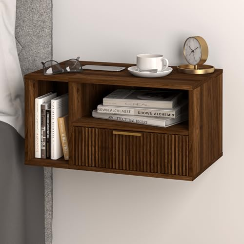 JERX Floating Bedside Table, Wall Mounted Nightstand with Storage Drawer Modern Wooden Bedside Table for Bedroom Walnut Brown