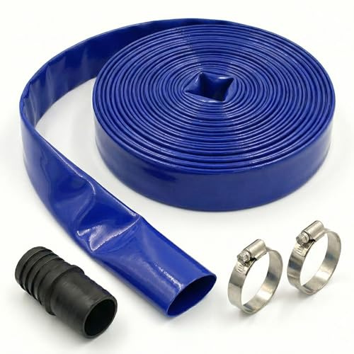 HosesUK Layflat Water Hose Kit – Heavy Duty PVC Flat with Clips & Pipe Joiner for Pump Discharge & Irrigation Blue 50 Metre (164.0ft) x 51mm (2)