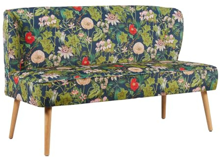 DUBI Möbel Sitzbank Sophia 140 cm mit Federkernpolsterung – Komfortable Esszimmerbank im Blumen-Design – Gepolsterte Küchenbank Dunkelblau Floral – 2-Sitzer Sofa mit Holzbeinen