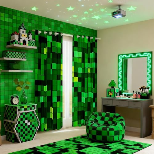Pixelierte Blöcke Minen Blackout Vorhänge, Videospiele Spiel Gamepad Fenster Vorhänge, Geometrische Gitter Patchwork Kinderzimmer Schlafzimmer Spielzimmer Dekoration, Grün 2 Paneele 137L x 117B cm