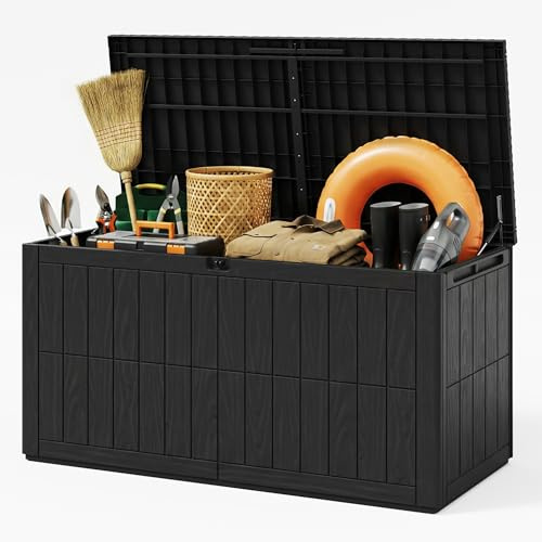 UDPATIO Gartenbox Wasserdicht 450 L, Vielseitige Auflagenbox Wasserdicht mit Gasdruckfeder & Griffen, Kunststoff Kissenbox Outdoor, Wetterfeste Gartentruhe für Gartenwerkzeuge & Poolzubehör, Anthrazit