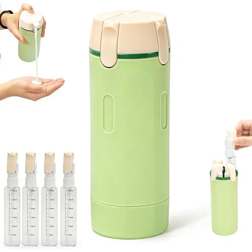 GEVECORI 4-in-1 Travel Bottles Dispenser Set, Refillable Leak Proof Squeeze Bottles with Label and Scale for Toiletries, Portable Travel Containers for Shampoo Lotion Conditioner Cream (Green)