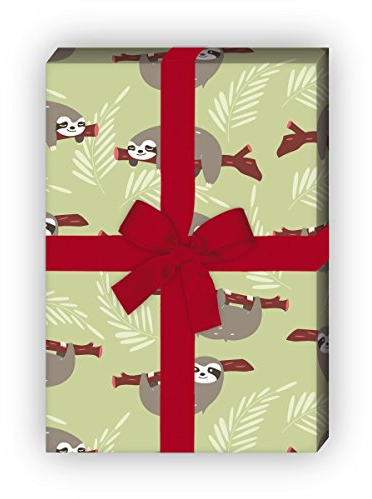 Kartenkaufrausch Lustiges Faultier Geschenkpapier Set nicht nur für Kinder, grün, für tolle Geschenk Verpackung, Designpapier, scrapbooking, 4 Bogen, 32 x 48cm
