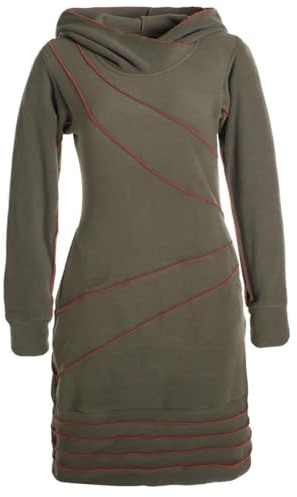 Vishes - Alternative Bekleidung - Langärmliges Patchwork Hoodie Eco Fleecekleid Pullover-Kleid Daumenlöcher Olive 48
