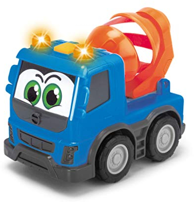Dickie 203811006 Toys Happy Volvo FMX, Baufahrzeuge für Kleinkinder, Kipper, Zementmixer oder Container Truck, Licht & Sound, inkl. Batterien, Spielauto für Kinder ab 1 Jahr, 3-fach sortiert, 13 cm