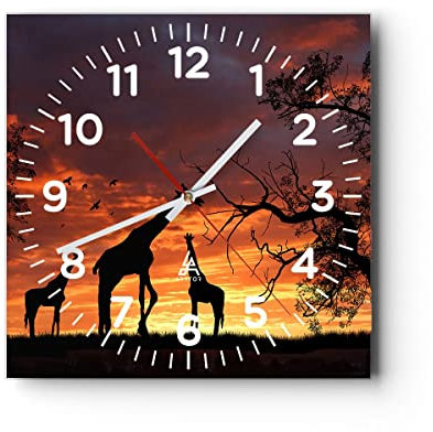 Modern Wanduhr Giraffe Afrika Sonne Safari 40x40cm Quadrat Groß Wand Uhr Glas Analog Zimmeruhren Küche Büro Wohnzimmer Glasuhr Wall Clock Dekoration Design Wanddekoration Küchenuhr C4AC40x40-0507