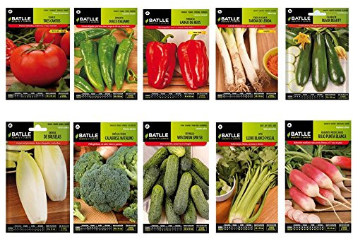 Semillas huerto lote 10 sobres (Tomate, Pimiento italiano, Pimiento rojo, Calçots, Calabacin, Endivia, Brócoli, Pepinillo, Apio, Rabanito)