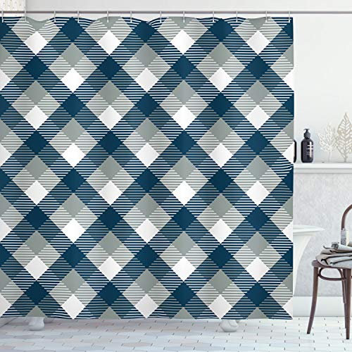 ABAKUHAUS Abstrakt Duschvorhang, Karierte Tartan Form, mit 12 Ringe Set Stielvoll Modern, 175x200 cm, Dimgrey Weiß Dunkelblau