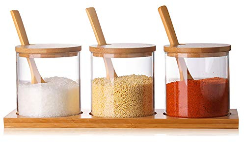 FANTESTICRYAN Glass Tea,Coffee, Sugar Set, Condiment Pots Seasoning Box Containers Sugar Bowls Spice Jar Set with Wooden Spoon Lid and Base