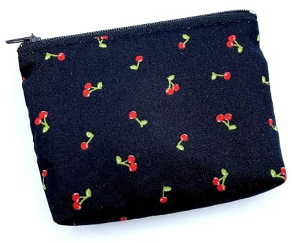 Kleine Kirschen Mini Portemonnaie Schwarz Cherry Geldbeutel Stoff