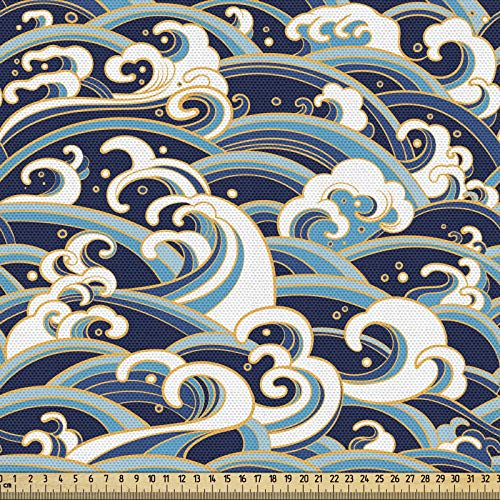 ABAKUHAUS Nautisch Stoff als Meterware, Ozean Wellen Muster, Qualität aus Gewebten Stoff Wohnaccessoires, 5M (148x500cm), Weiß und Blau