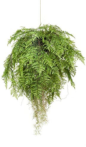 artplants.de Kunst Boston Farn Blumenampel NILO, Erdball, Wurzeln, 100cm, Ø 80cm - Deko Boston Farn - Kunst Schwertfarn