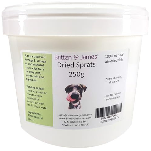 Sprats for Dogs - Natural, Air Dried Fish Treat by Britten and James | Healthy, High Protein Snack and Training Treat in a Resealable Tub (250g)
