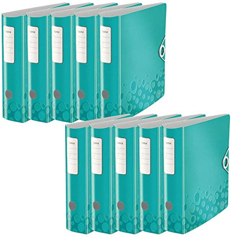 Leitz Multifunktions-Ordner, Eisblau Metallic, A4, Runder Rücken (8,2 cm Breite), Gummibandverschluss, Kunststoff, WOW (82 mm, 10er Pack)
