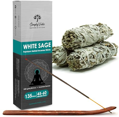 Simply Vedic White Sage Räucherstäbchen mit Räucherstäbchenhalter (ca. 135 Stäbchen, 250g) handgefertigt | Dauert 45 Minuten| für Aromatherapie, Meditation, Yoga, Heim- und Hausdekoration, Geschenkset