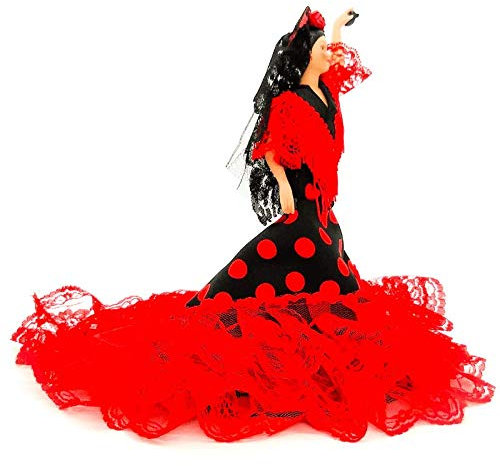 Folk Artesanía Gala Porzellanpuppe 28 cm. Andalusisches Flamenco-Regionalkleid mit Blume España. (Rotes Kleid mit schwarzen Tupfen)
