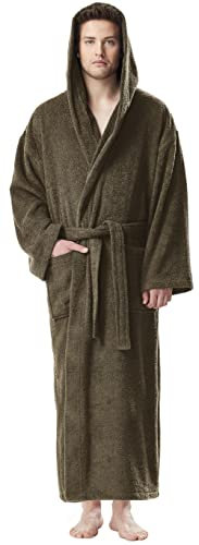 Herren Bademantel mit Kapuze, wadenlang, S-M, Khaki-Grün