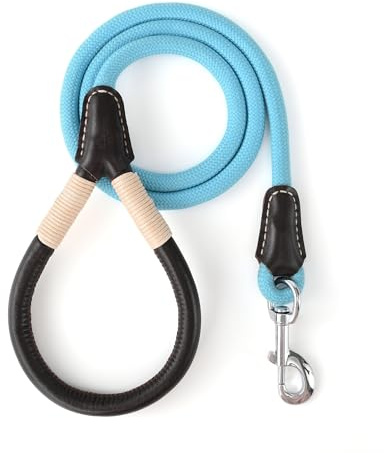 Mile High Life Dog Leash with Genuine Leather Handle - with Sturdy Clasp for Small Medium Large Dogs (Blue, 6 ft)