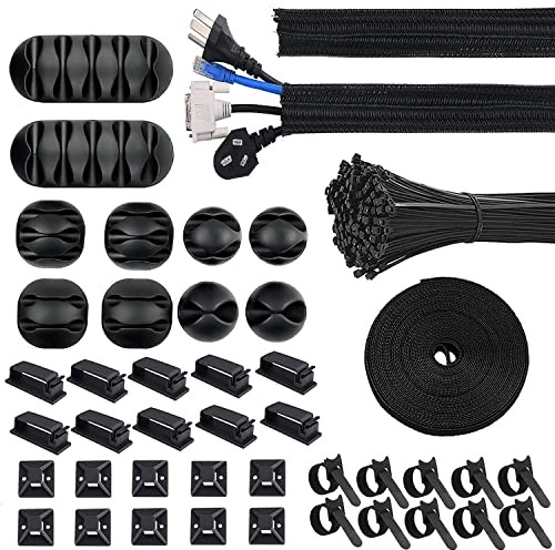 Moseem Kabelmanagement 142Pcs, 1Cable Management Kabelschlauch(2m),100 Kabelbinder Befestigen,1Selbstklebende Klettband,10 Silikon Kabelhalter,10 Kabelhalter,10 Kabelklemmen,10 Kleiner Basishalter