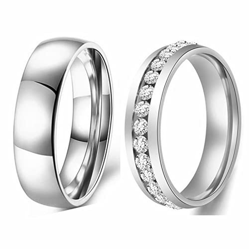 Aotiwe Matching Rings Silber Ringe Glänzender Einreihiger Zirkon, Weiß Zirkon Runden Rostfreier Stahl Damen 54 (17.2) & Herren 67 (21.3)