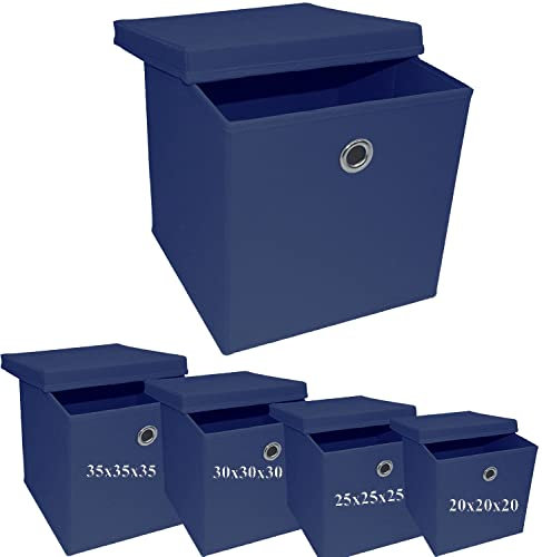 A406 3x Foldable Storage Boxes with Lid Storage Basket with Lid Fabric Cubes with Handles Collapsible Fabric Organiser Clothes Storage Box (X-Large -35x35x35cm, Navy Blue)