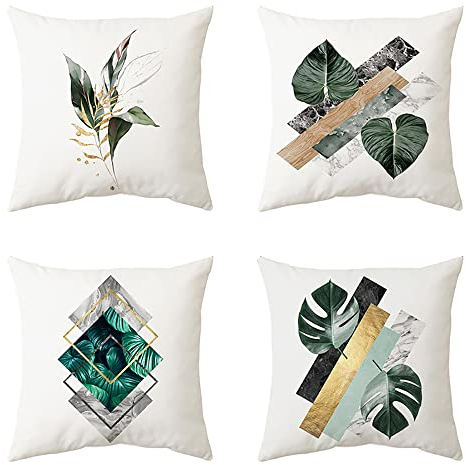 AKIS Home Kissenbezug 45x45cm 4er-Set süße frische Muster Kissenbezüge für Wohnzimmer Schlafzimmer Wohndeko Kissenhülle (Grün Blätter)